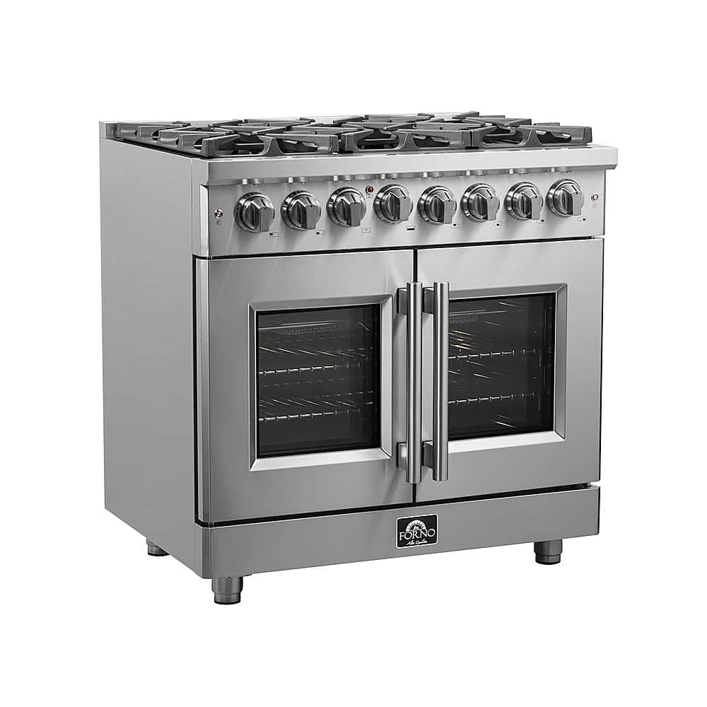 Forno Appliances - 36 in. Wide 6 Burner Massimo 5.36 cu.ft. Freestanding Dual Fuel Convection Range with Steam Cleaning and French Doors - Stainless Steel