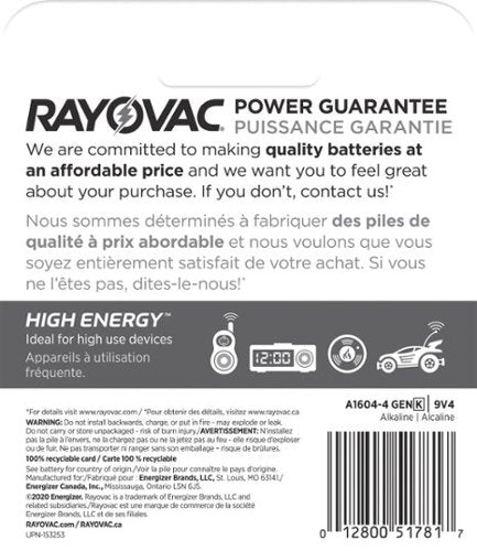 Rayovac - High Energy 9V Batteries (4 Pack), Alkaline 9 Volt Batteries