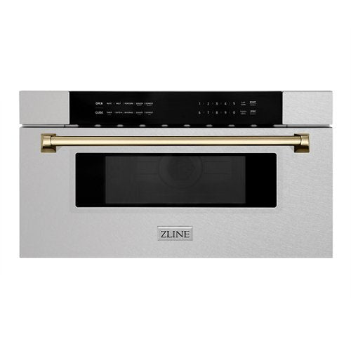 ZLINE - Autograph 30 in. Built-In Microwave Drawer in Satin Steel with Champagne Bronze Accents - Stainless Steel and Champagne Bronze Accents