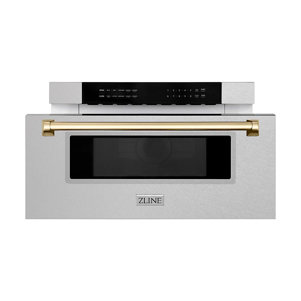 ZLINE - Autograph 30 in. Built-In Microwave Drawer in Satin Steel with Polished Gold Accents - Stainless Steel and Gold Accents