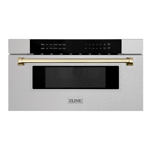 ZLINE - Autograph 30 in. Built-In Microwave Drawer in Satin Steel with Polished Gold Accents - Stainless Steel and Gold Accents