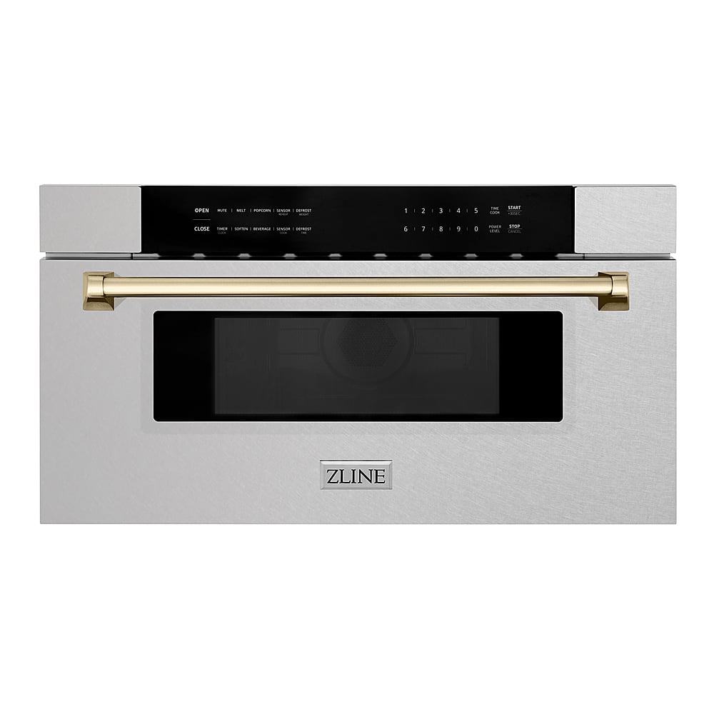 ZLINE - Autograph 30 in. Built-In Microwave Drawer in Satin Steel with Polished Gold Accents - Stainless Steel and Gold Accents