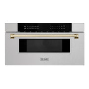 ZLINE - Autograph 30 in. Built-In Microwave Drawer in Satin Steel with Polished Gold Accents - Stainless Steel and Gold Accents