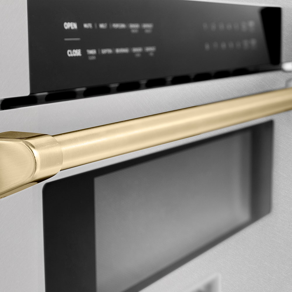 ZLINE - Autograph 30 in. Built-In Microwave Drawer in Satin Steel with Polished Gold Accents - Stainless Steel and Gold Accents