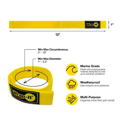 Wrap-It Storage - Quick-Straps - 12-inch (3-Pack) - Weatherproof Hook and Loop Strap - Yellow
