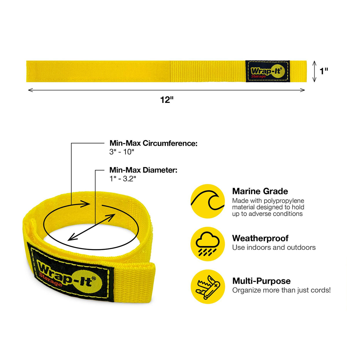 Wrap-It Storage - Quick-Straps - 12-inch (3-Pack) - Weatherproof Hook and Loop Strap - Yellow