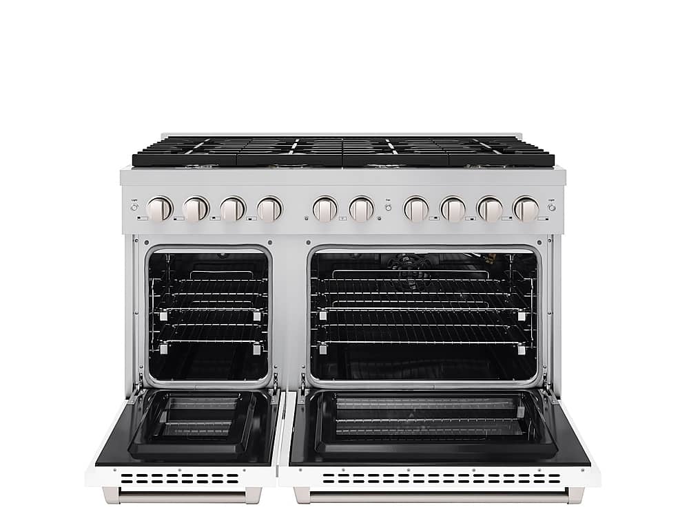 ZLINE - 48 in. Wide 8 Burner Paramount Double Oven Gas Range with 8 Burner Cooktop (SGR-WM-48) - Satin Steel/White Matte