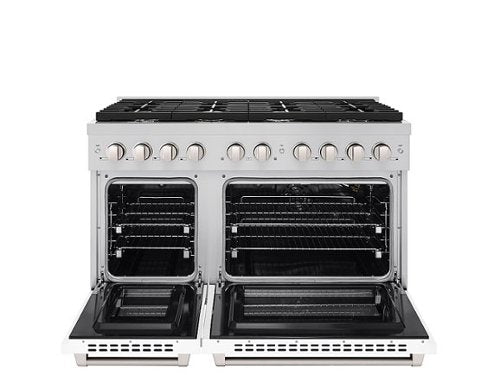 ZLINE - 48 in. Wide 8 Burner Paramount Double Oven Gas Range with 8 Burner Cooktop (SGR-WM-48) - Satin Steel/White Matte