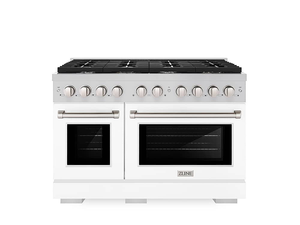 ZLINE - 48 in. Wide 8 Burner Paramount Double Oven Gas Range with 8 Burner Cooktop (SGR-WM-48) - Satin Steel/White Matte