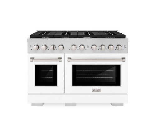 ZLINE - 48 in. Wide 8 Burner Paramount Double Oven Gas Range with 8 Burner Cooktop (SGR-WM-48) - Satin Steel/White Matte