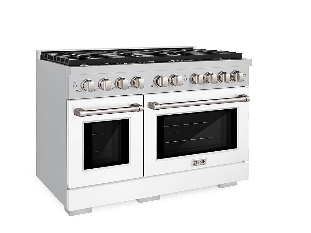 ZLINE - 48 in. Wide 8 Burner Paramount Double Oven Gas Range with 8 Burner Cooktop (SGR-WM-48) - Satin Steel/White Matte