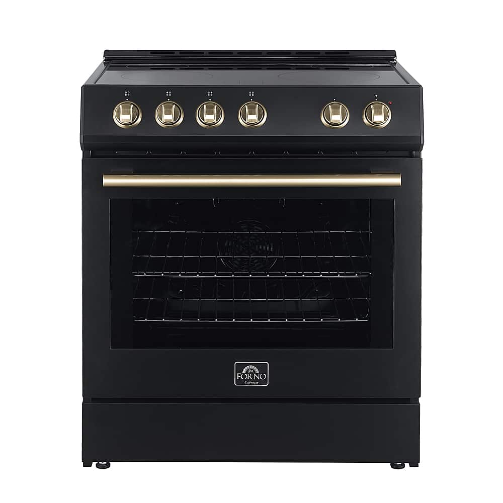 Forno Appliances - 30 in. Wide 4 Elements Leonardo Espresso 5.0 cu. ft. Slide-In Oven Electric Convection Range with Antique Brass Accents - Black