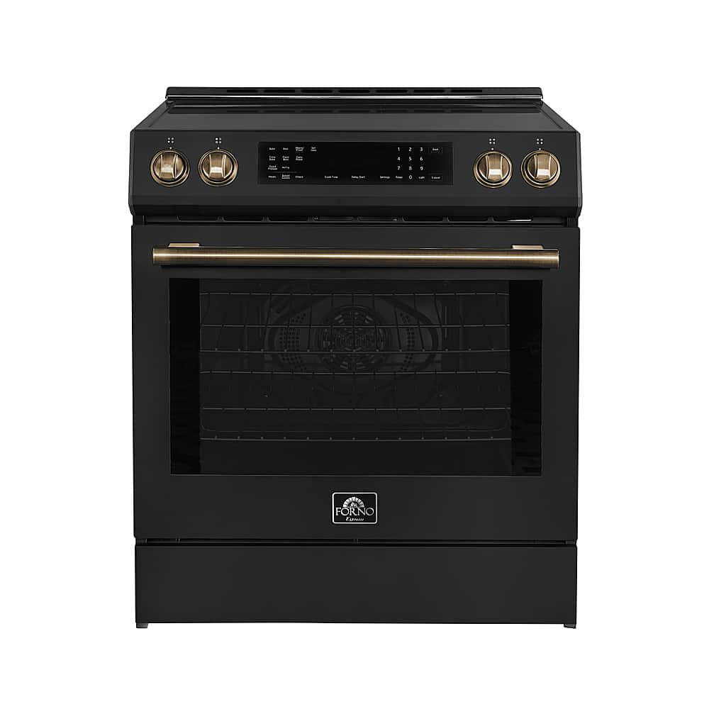 Forno Appliances - 30 in. Wide 4 Elements Donatello 5.0 cu.ft. Slide-In Electric Induction True Convection Range with Antique Brass Accents - Black