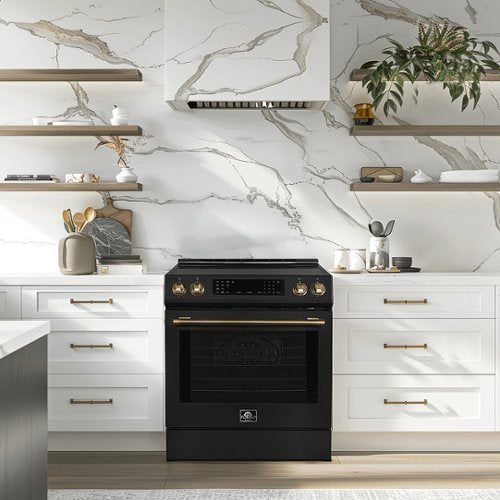 Forno Appliances - 30 in. Wide 4 Elements Donatello 5.0 cu.ft. Slide-In Electric Induction True Convection Range with Antique Brass Accents - Black