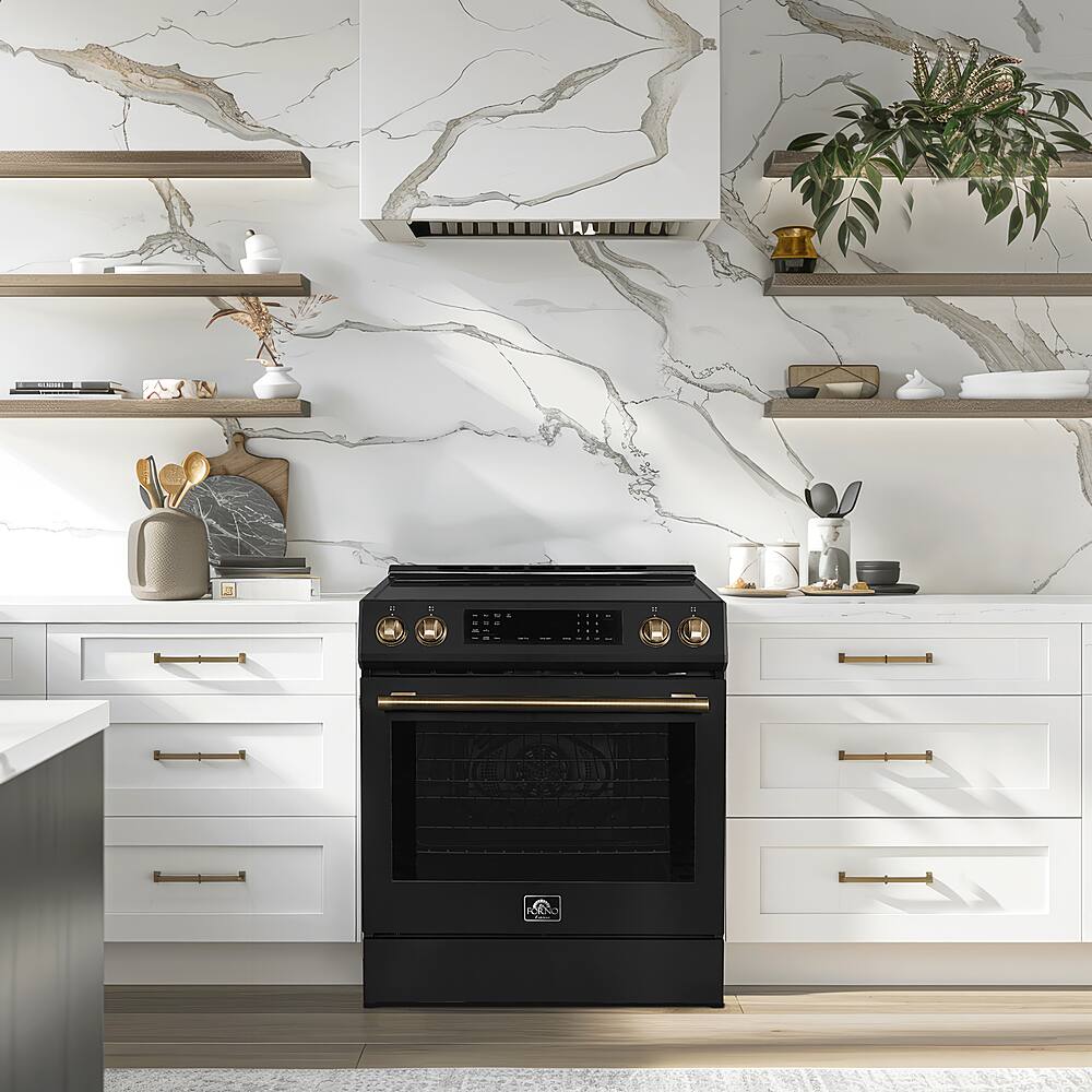 Forno Appliances - 30 in. Wide 4 Elements Donatello 5.0 cu.ft. Slide-In Electric Induction True Convection Range with Antique Brass Accents - Black
