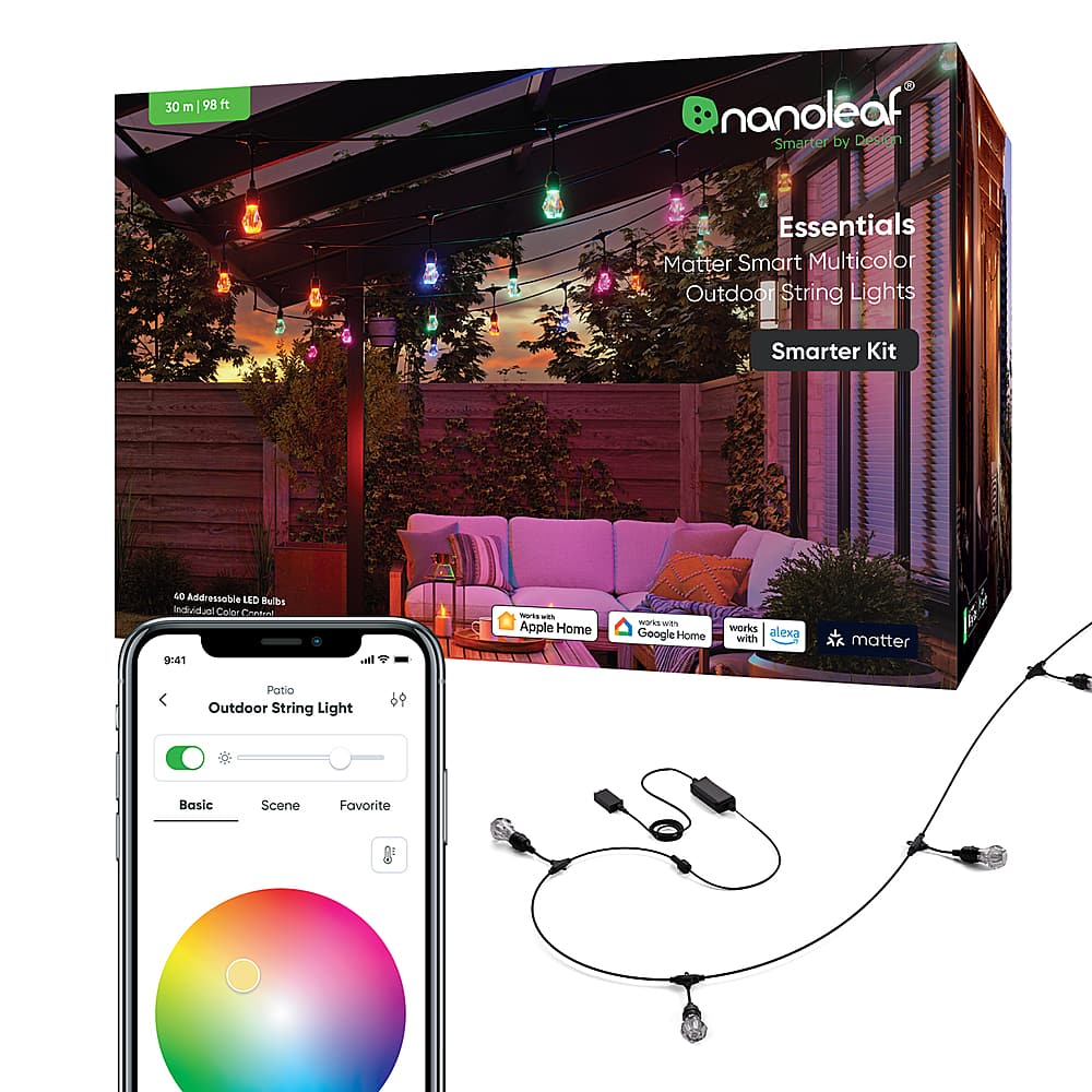 Nanoleaf - Essentials Smart Multicolor Outdoor String Lights Smarter Kit – 98 feet - White and Colors