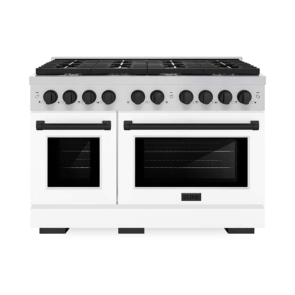 ZLINE - 48 in. Wide 8 Burner Autograph Paramount Gas Range  and Black Accents (SGRZ-WM-48-MB) - Satin Steel/White