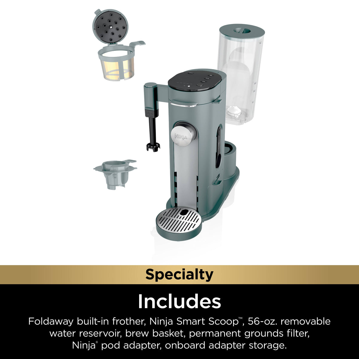Ninja - Pods & Grounds Specialty Single-Serve Iced Coffee Maker, K-Cup Pod Compatible with Foldaway Milk Frother - Sage Green