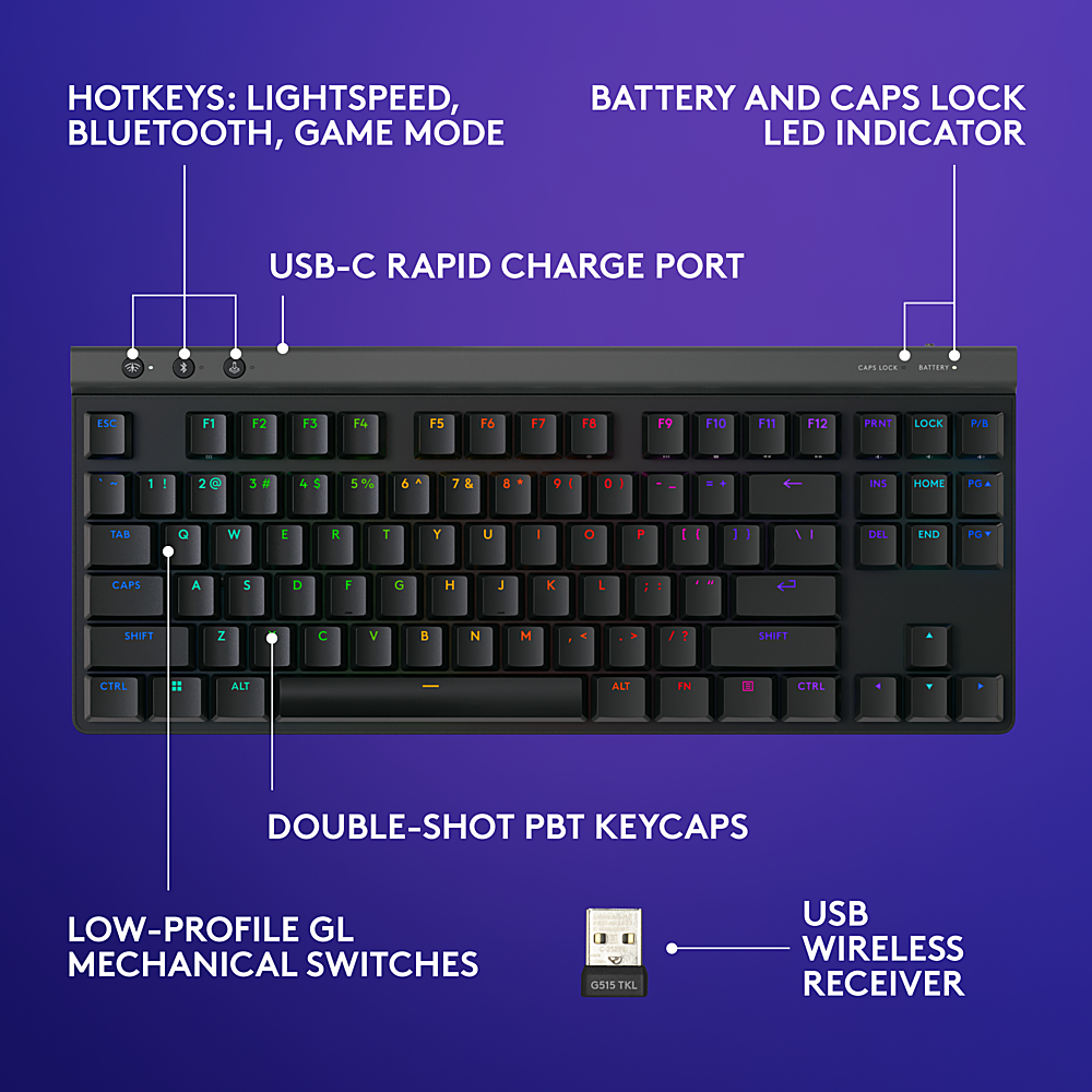 Logitech - G515 LIGHTSPEED TKL Wireless Mechanical Tactile (Brown) Switch Gaming Keyboard with LIGHTSYNC RGB - Black