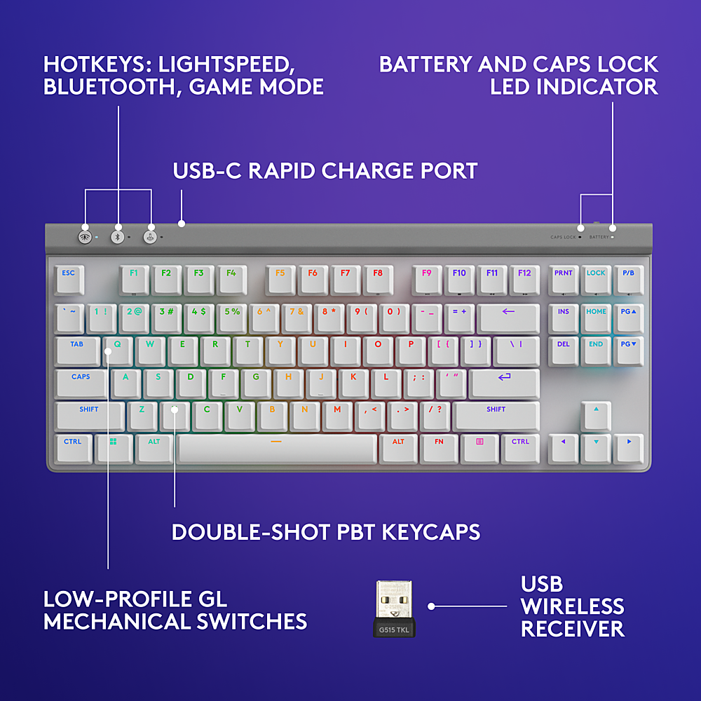 Logitech - G515 LIGHTSPEED TKL Wireless Mechanical Tactile (Brown) Switch Gaming Keyboard with LIGHTSYNC RGB - White