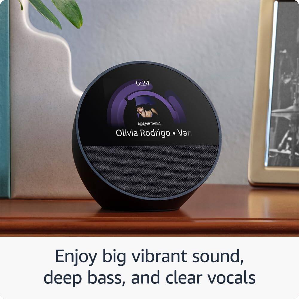 Amazon - Echo Spot (2024 release), Smart alarm clock with vibrant sound and Alexa - Glacier White