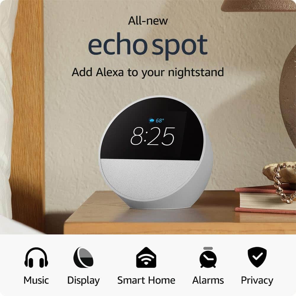 Amazon - Echo Spot (2024 release), Smart alarm clock with vibrant sound and Alexa - Glacier White
