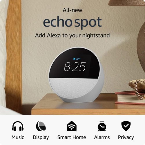 Amazon - Echo Spot (2024 release), Smart alarm clock with vibrant sound and Alexa - Glacier White