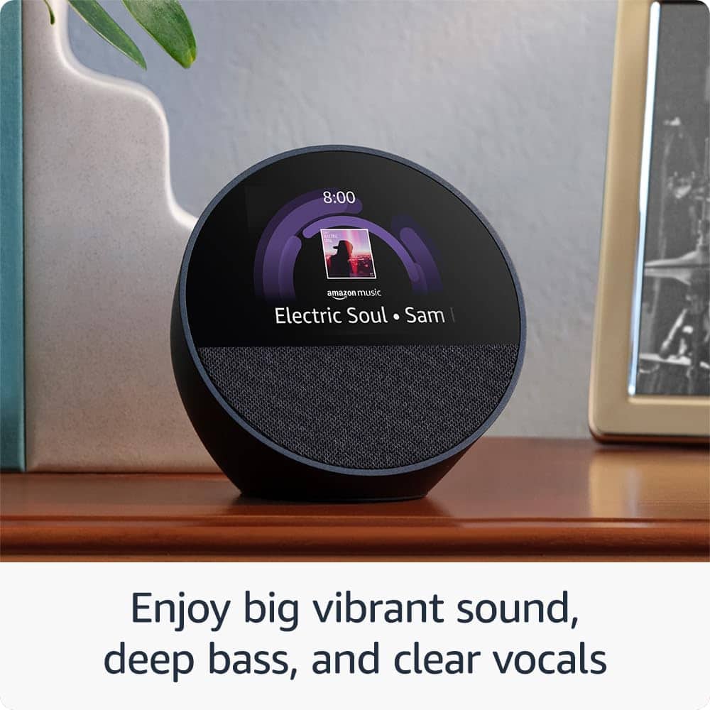 Amazon - Echo Spot (2024 release), Smart alarm clock with vibrant sound and Alexa - Black
