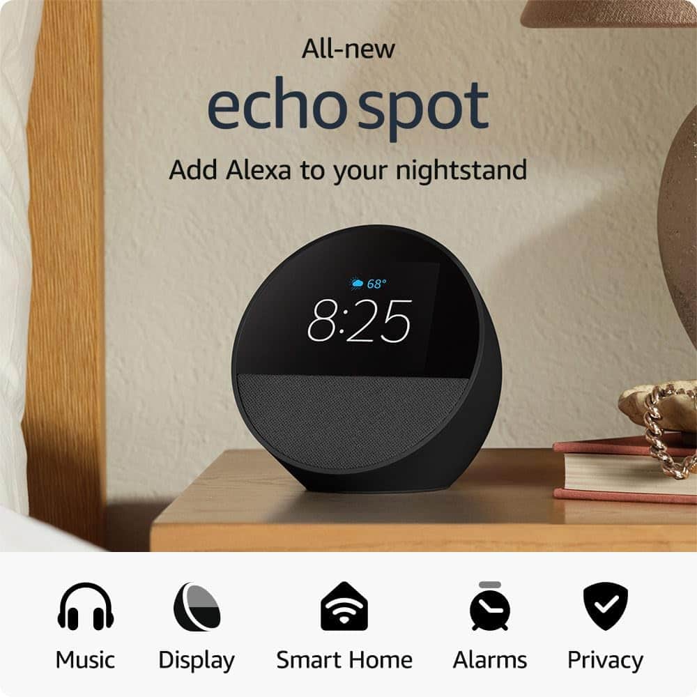 Amazon - Echo Spot (2024 release), Smart alarm clock with vibrant sound and Alexa - Black