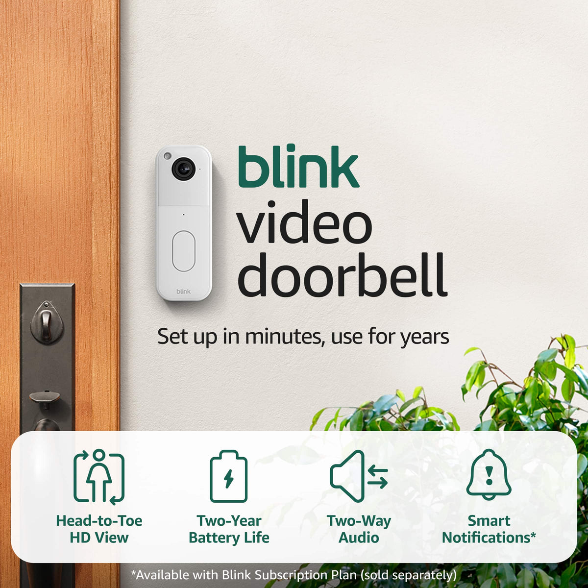 Blink - Video Doorbell - Head-to-toe HD view, two-year battery, simple setup, Sync Module Core included - White