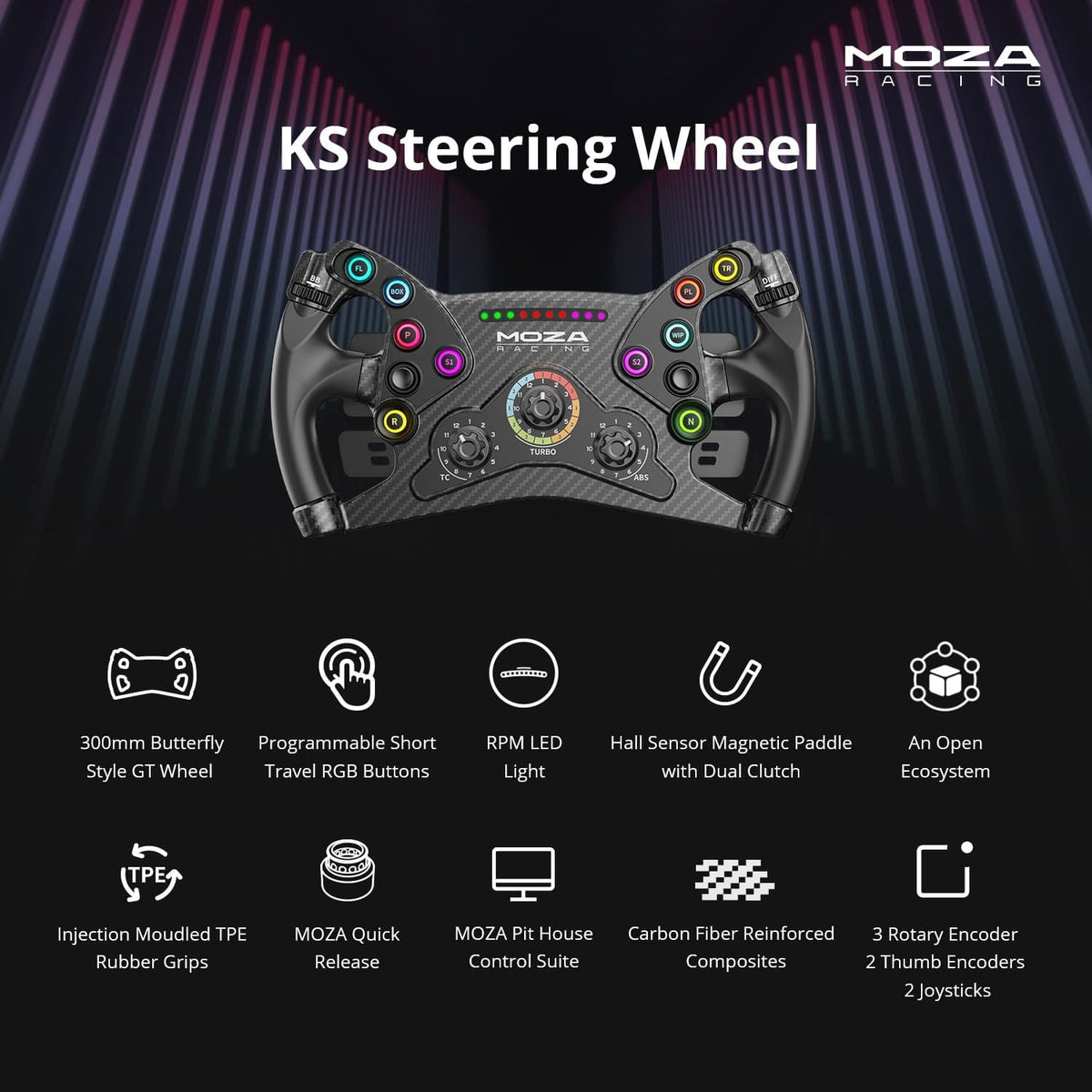Moza Racing - KS Sim Racing GT Style Steering Wheel for Windows - Black