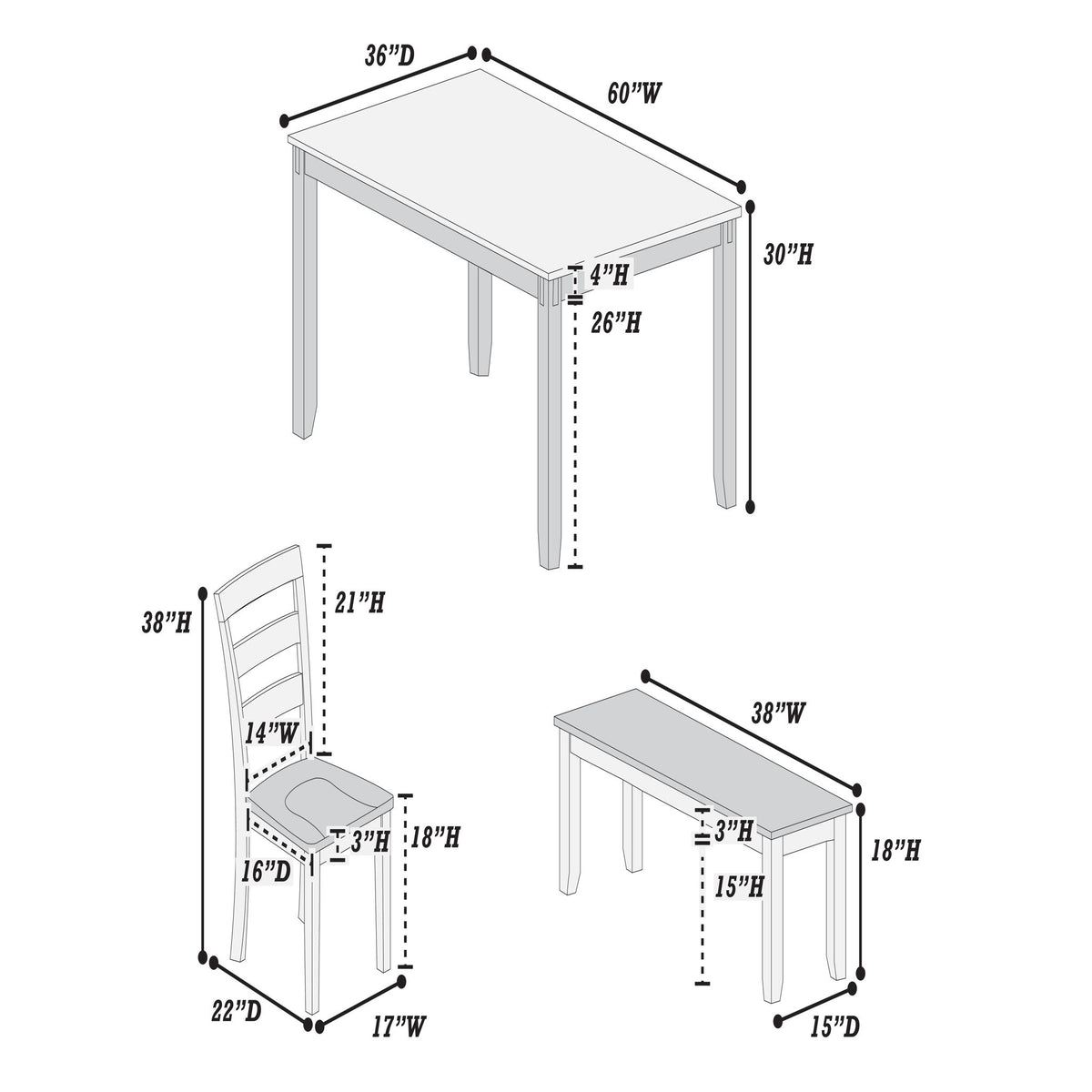 Juego de comedor de 6 piezas: mesa con 4 sillas laterales y banco - Marrón claro / Blanco