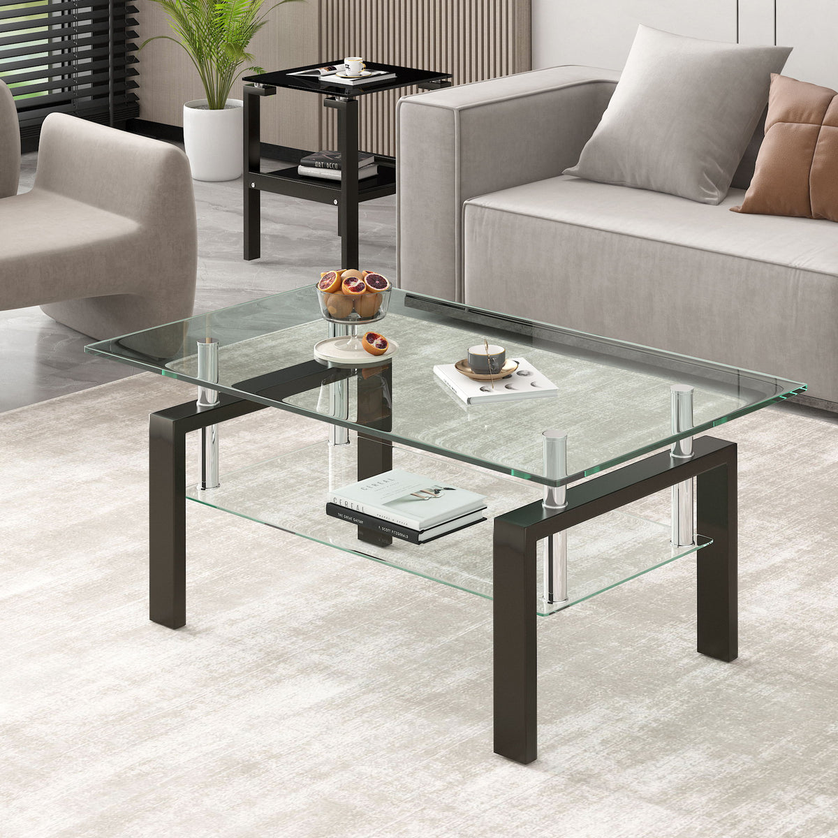 Mesa de centro de vidrio templado transparente, mesa de centro de 2 niveles para sala de estar - Negro