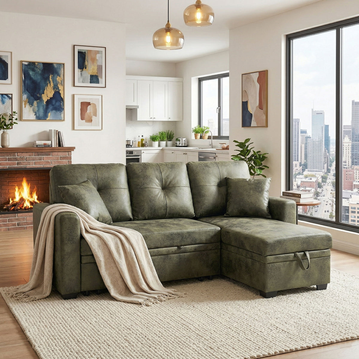 Sofá seccional con cama extraíble, chaise longue reversible