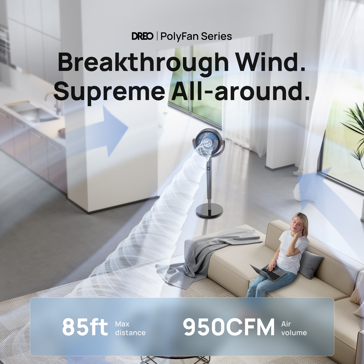 Dreo - Standing Fan, 120°+120° Smart Oscillating Floor Fans, 85 ft Fan For Bedroom, DC Motor Quiet Fans, adjustable height - Gray