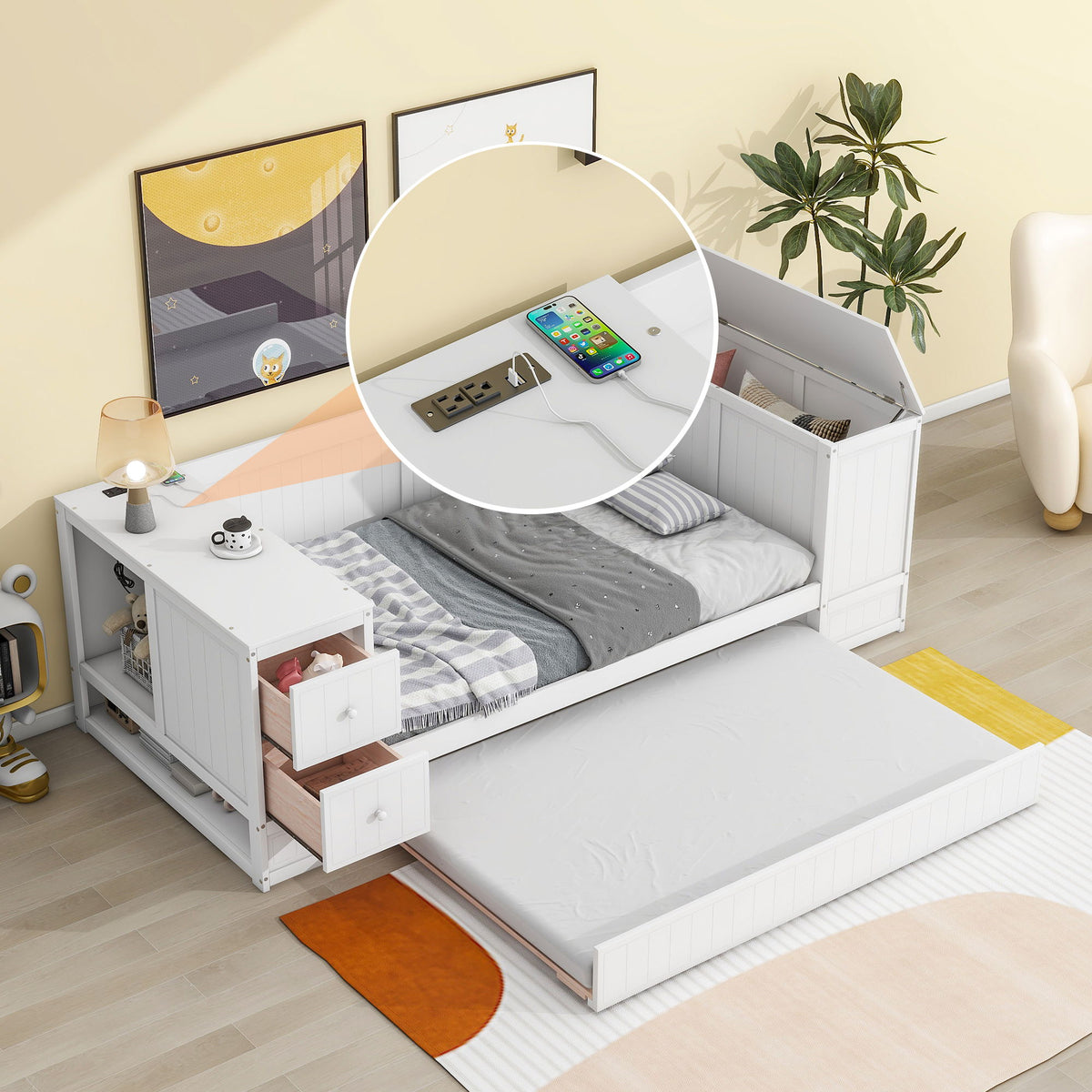 Daybed With Storage Arms, Trundle And Charging Station