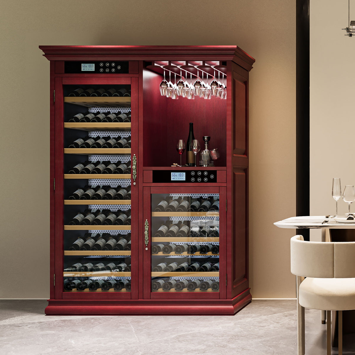 Enfriador de vino con control de temperatura de doble zona, puerta con aislamiento al vacío, iluminación LED, capacidad para 158 botellas - Cerezo