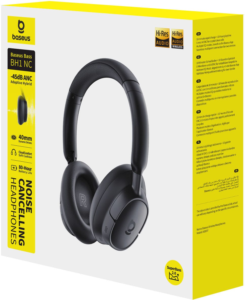 Baseus - Bass BH1 NC Over-Ear Headphones - Adaptive Hybrid ANC,LDAC Hi-Res,80-Hour Playtime,5-Mic AI Calls - Black