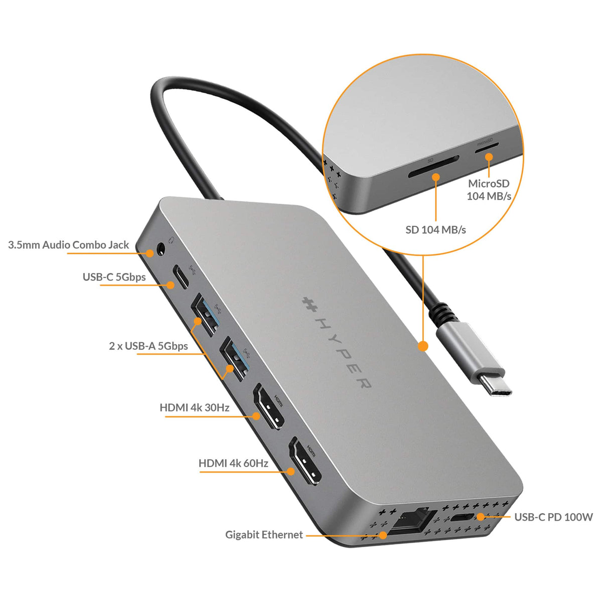Hyper - HyperDrive Dual 10 Port USB-C Hub, 4K HDMI, Ethernet, 1 USB-C, 2 USB-A, microSD/SD, travel dock for M1/M2/M3 MacBook - Gray