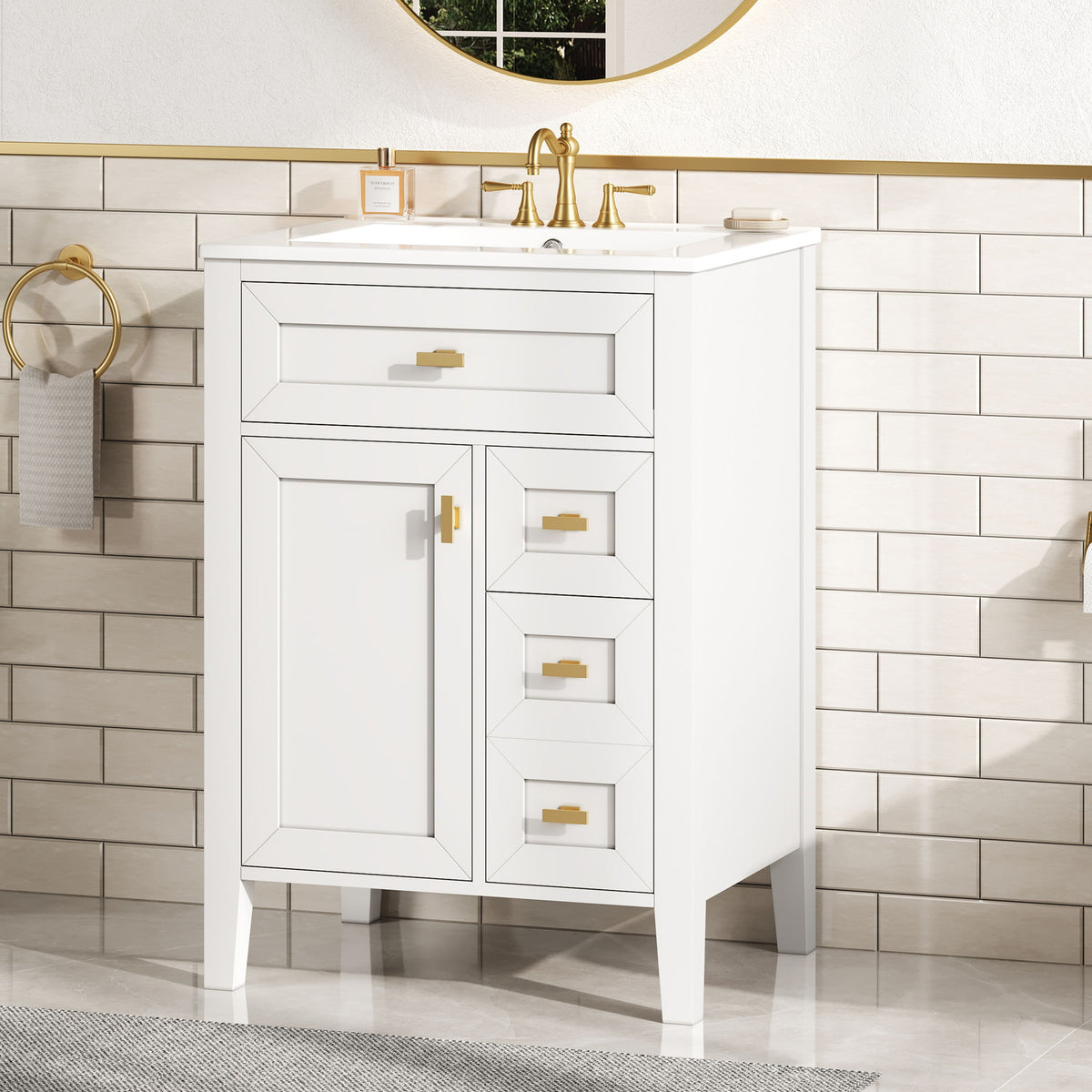 Tocador de baño con lavabo, 3 cajones y gabinete con estante de almacenamiento de 2 niveles en la puerta, puertas y cajones con cierre suave