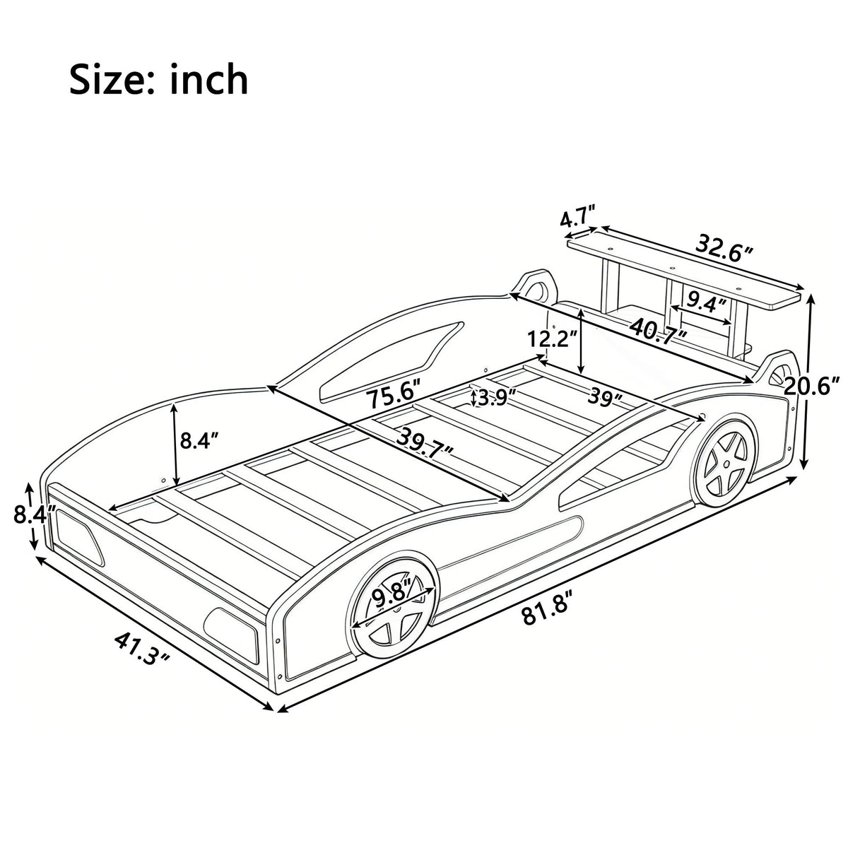 Cama Plataforma de Coche de Carreras y Ruedas