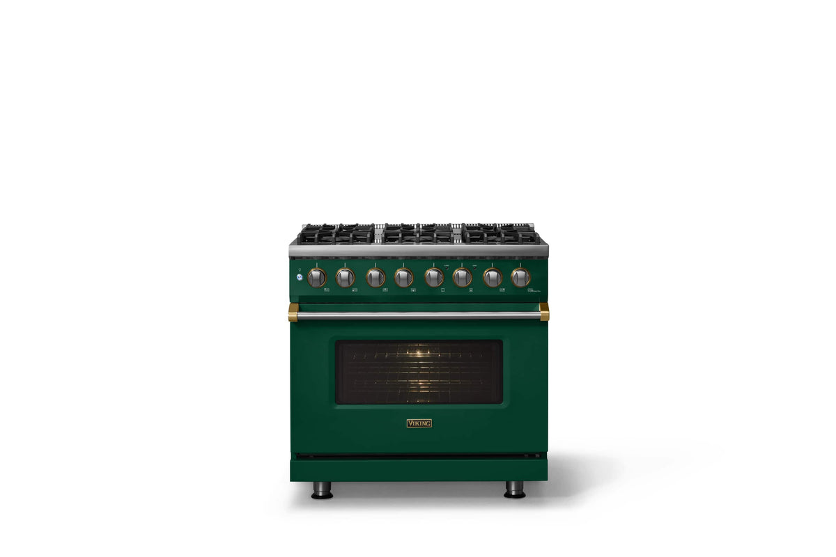 Viking - 36"W 5.6 Cu.Ft. Pro5S Freestanding Sealed 6 Burner Dual Fuel Convection LP Range - Ivy w. Brushed Brass Trim - Ivy