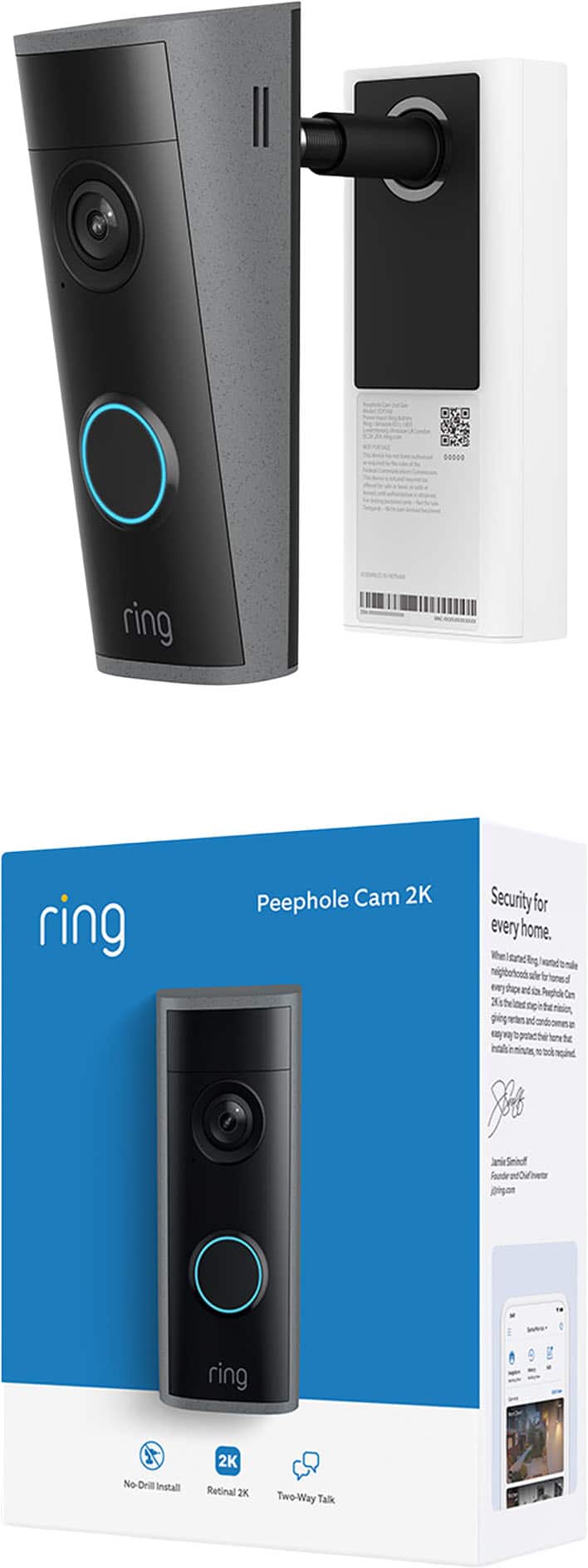 Ring - Peephole Smart Cam 2K, Battery-Powered, renter-friendly surface install, replaces existing peephole. 1400x1400 - Speckled Gray