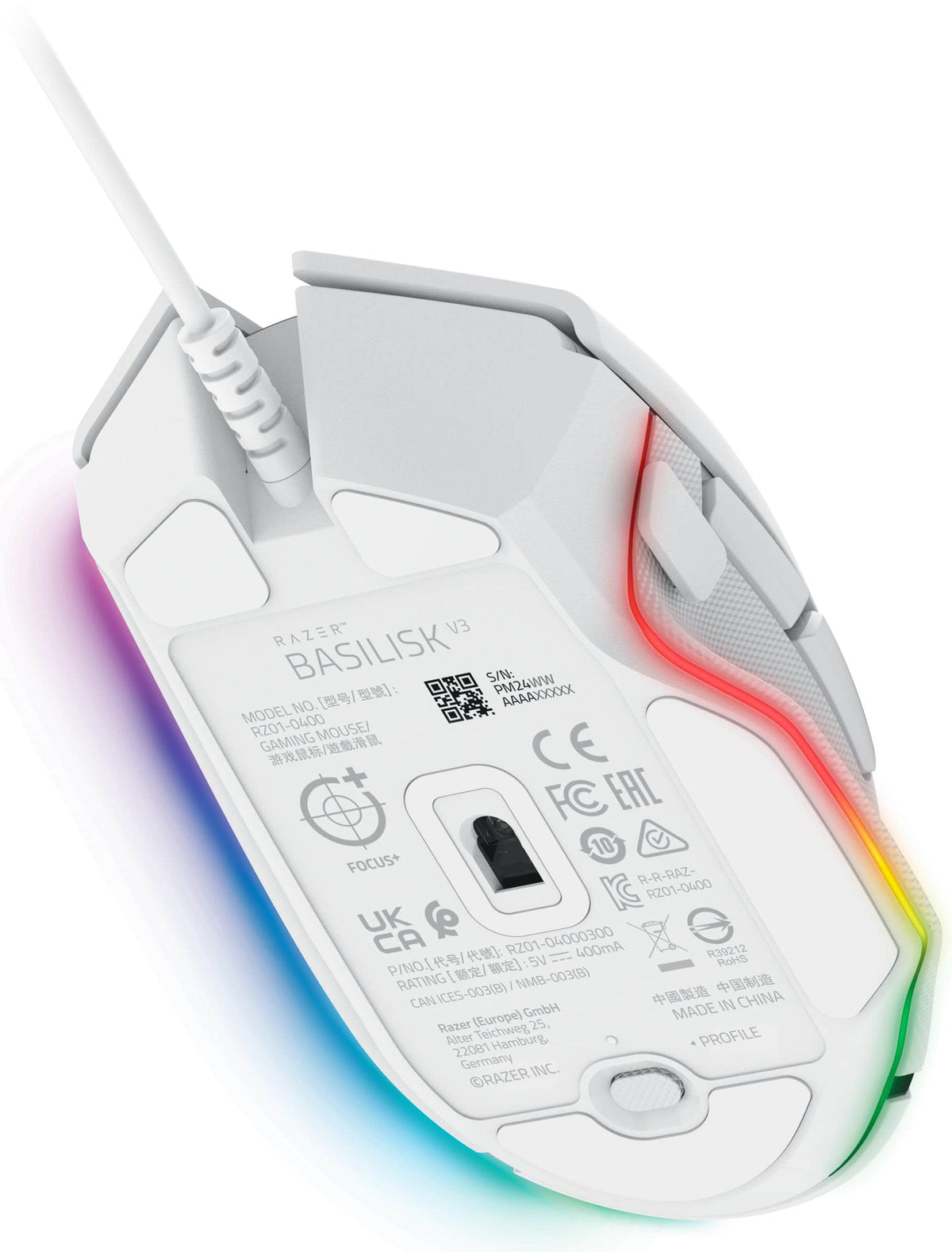 Razer - Basilisk V3 Optical Gaming Mouse with Chroma RBG Lighting - Wired - White