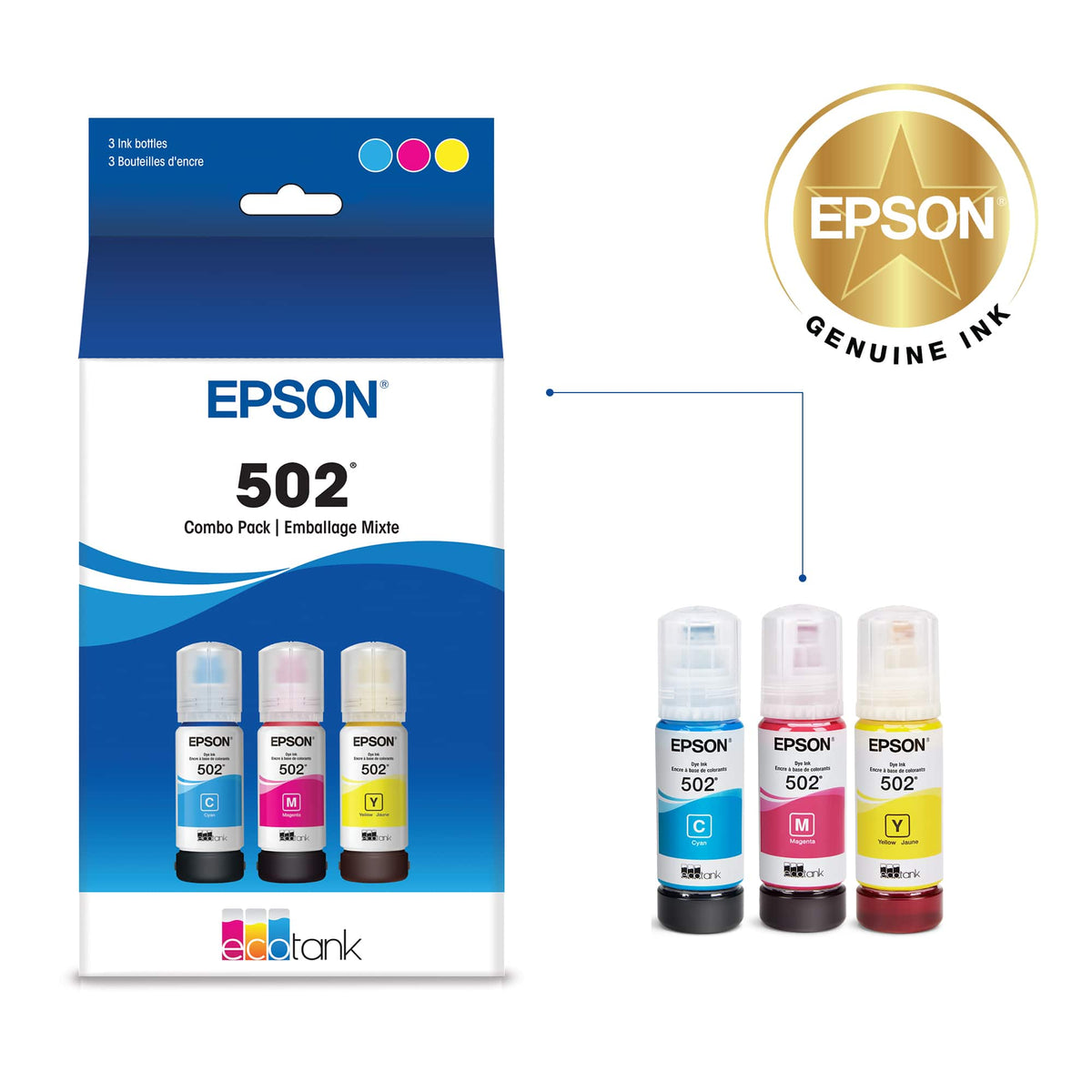 Epson - EcoTank 502 3-Pack Ink Bottles - Cyan/Magenta/Yellow