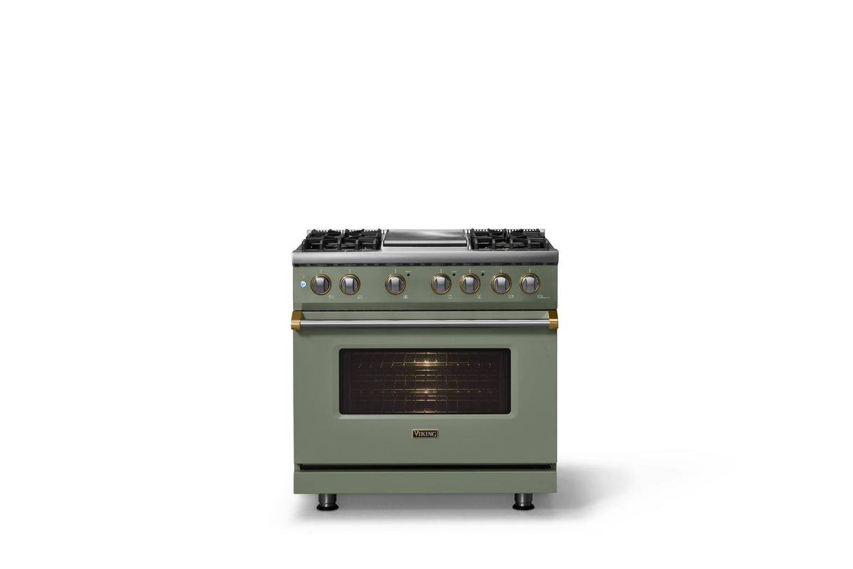 Viking - 36"W. Pro5S 5.6 Cu. Ft. Freestanding Self-Clean Sealed 4B LP DF Convection Range/Grdl-Eucalyptus/Brushed Brass - Eucalyptus
