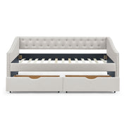Upholstered Tufted Daybed With 2 Drawers, Waved Arms
