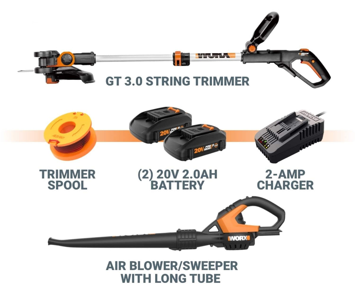 WORX - 20V Cordless String Trimmer and Air Blower Combo Kit (2 x 2.0 Ah Batteries & 1 x Charger) - Black