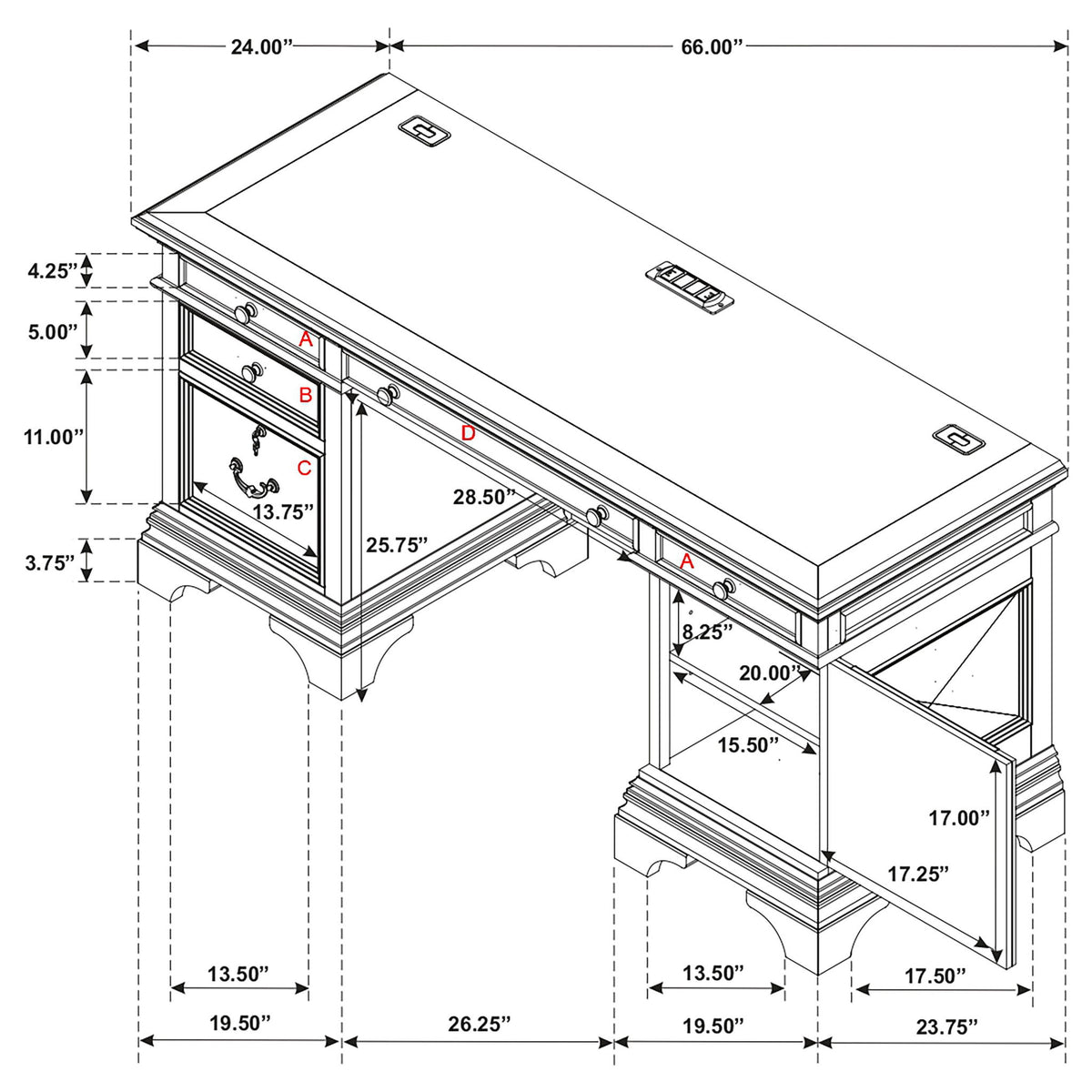 Stigham - Escritorio Credenza de Oficina con 5 Cajones - Roble