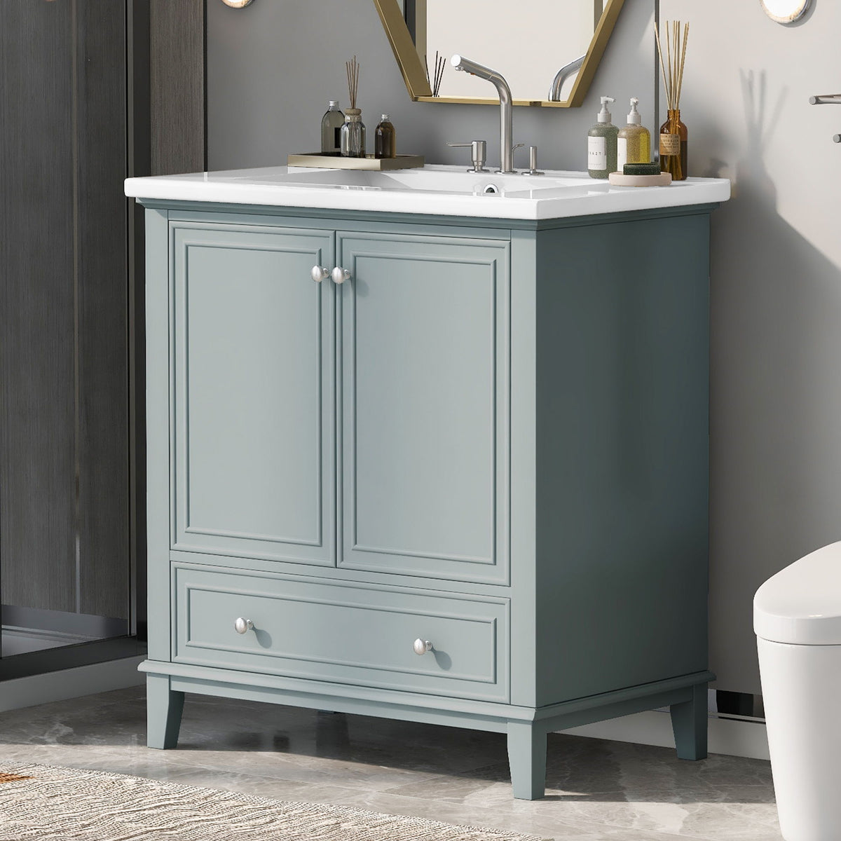 Mueble de baño moderno con lavabo, puertas y cajón